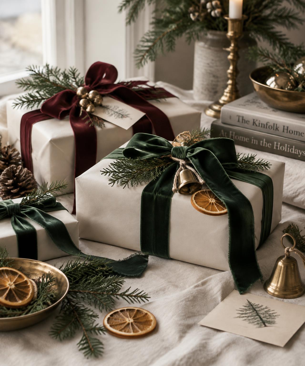 Ivory-wrapped presents tied with forest green and burgundy velvet ribbons